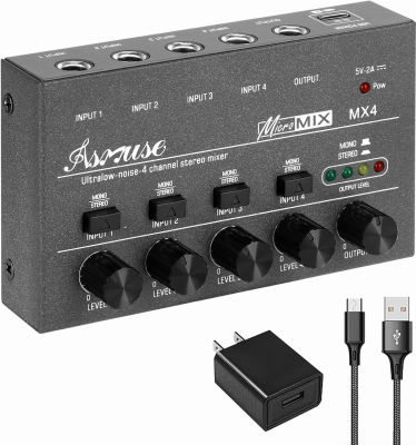 Asmuse 4 Channel Audio Mixer, Low-Noise Mini Stereo Line Mixer, DC 5V Power Supply Mixer As Guitars, Microphones, Keyboards Mixer