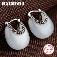 BALMORA Real 925 Sterling Silver Retro Moon Shape Opal Stud Earring for Women Lady Gift Elegant Ethnic Fashion Jewelry