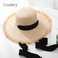 Summer spring Fashion Women 39;s Weave Raffia Straw Hat Wide Brim Sun hat With ribbon Outdoor Holiday Flat Round Top Beach Hat