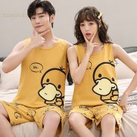 Summer Knitted Cotton Cartoon Duck Mens Pajama Sets Mens Sleep&amp;Lounge Sleeveless Shorts Pants Couple Pajamas Fashion Homewear