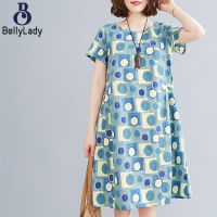 Women Short Sleeves Dress Fashion Polka Dot Printing Round Neck Mid-length Skirt Large Size Loose Casual Dress【fast】