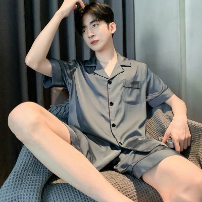 Pajamas Men Summer Ice Silk Short Thin Night Wear Suit Male Satin Teen Loungewear Big Size Breathable Sleepwear Set Boy Pyjamas