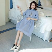 M-2XL New Fashion Stripe Blouse Dress Plus Size Long sleeve Loose Long Maternity Dress little cat print YY