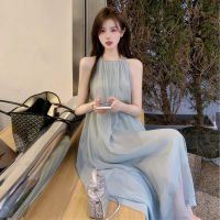 European Station 2023 New High-Grade Temperament Long Dress Gentle Suspender Skirt Blue Dress Womens Summer Womens Clothing