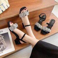 [COD] style thick heel rhinestone one-word belt sandals womens matching summer new mid-heel high-heeled