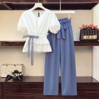 COD DSFGERRTYTRRE 2 Piece Set Women Korean V Neck Short Sleeve Blouse Loose Wide Leg Pants Plus Size Fashion Suit Causal Set Wear