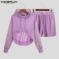 Medussa INCERUN บุรุษ Hoodies ตาข่ายดักปลาแขนยาวกางเกงขาสั้นและเสื้อชุดกางเกงหูรูด Bottoms