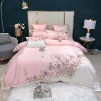 ▫◇ Pink White Chic Flower Embroidery Washed Cotton Bedding Sets Duvet/Quilt Cover Fitted Bed Sheet Pillowcases Luxury Home Textile