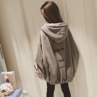 [COD] 2022 autumn and winter new Korean style student plus velvet loose thickened hooded jacket zipper mid-length sweater women