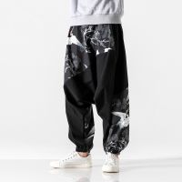 Fashion Loose Harem Pants Chinese Style Crane Print Bottoms Japanese Harajuku Asian Clothes Baggy Traditional Trousers KK3937