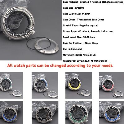 Tuna Watch Case Waterproof Sapphire Crystal For Seiko Mod NH35 NH36 4R 7S Movement Canned Case Steel Bezel Insert Watch Parts