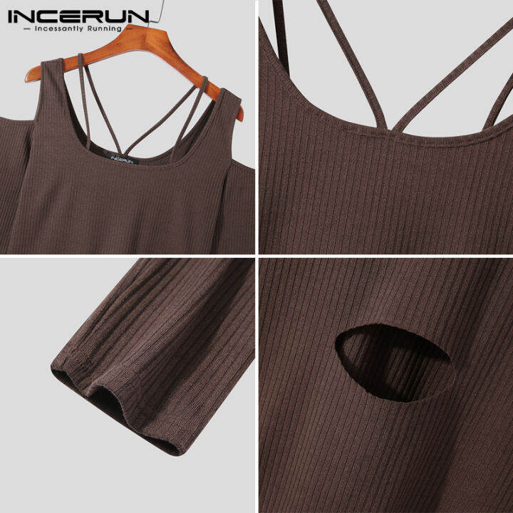 incerun-เสื้อยืดไหล่เท่สำหรับผู้ชายเสื้อเข้ารูปเสื้อแบบถักเสื้อฮิปฮอปเสื้อธรรมดา-ลดล้างสต๊อก