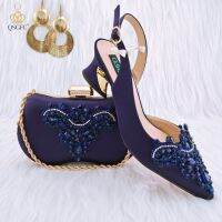 QSGFC New Navy Pointed Toe Heels With Multicolored Rhinestone Embellishments In Various Shapes Ladies Shoes And Bag