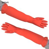 1pc Lengthen ultra long 45/55cm rubber gloves red kitchen wash dishes car cleaning waterproof household glove Safety Gloves