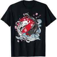 เสื้อยืดผ้าฝ้ายพรีเมี่ยม เสื้อยืด พิมพ์ลาย Koi Fish Tattoo Zen สีแดง สไตล์ญี่ปุ่นวินเทจ สําหรับผู้ใหญ่