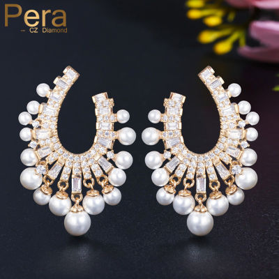 Pera Famous Design White Pearl Cubic Zirconia 585 Gold Color Large Dangling Drop Earrings for Bridal Wedding Party Jewelry E546