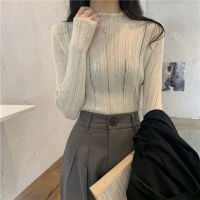 Spring New Elegant Half-High Collar Long Sleeves Knitwear Womens French Style Retro Japanese Lazy Slim Fit All-Matching Base Shirt