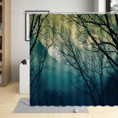 Misty Forest Shower Curtain Mountain Oil Painting Scenery Winter Trees Bird Elk Animal Pattern Bathroom Polyester Cloth Curtains