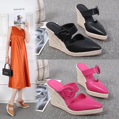 Thick wedge bottom summer new baotou drag a word buckle shoes high with straw rope big yards of shoes