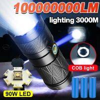 90W 000LM Recharge Flashlight USB High Power LED Flashlights 12000mAh Powerful Torch Zoom 3000m Tactical Lantern Hand Lamp