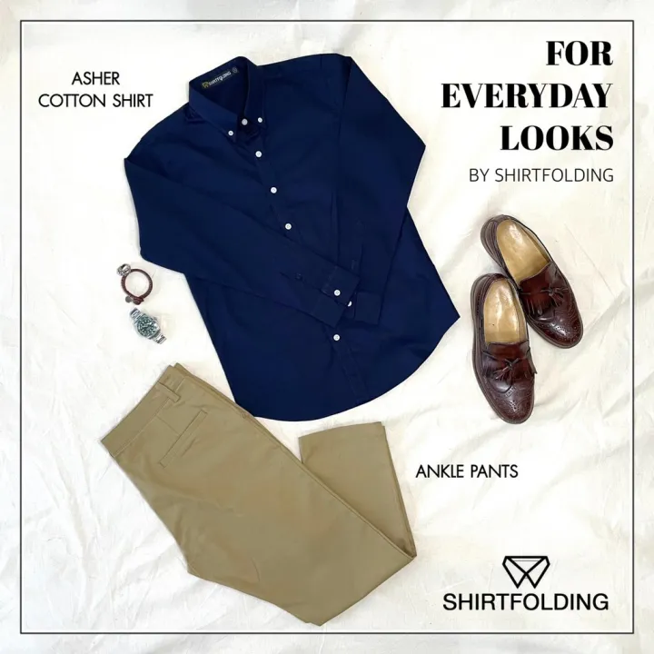 shirtfolding-เสื้อเชิ้ต-เสื้อเชิ้ตคอตตอน-asher-cotton-แขนยาวคอปก-สีน้ำเงิน-สีกรม-สีกรมเข้ม