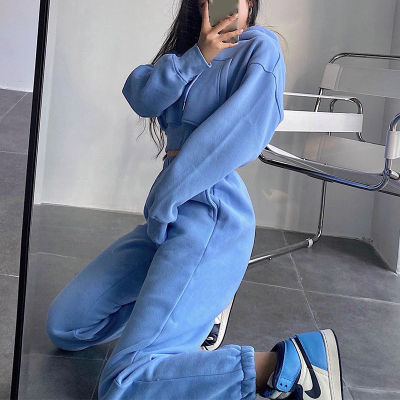 Womens Tracksuit Crop Top Hoodies Two Pieces Set High Waist Pullover Hooded Joggers Suit Female 2021 Autumn Lady Sportwear Sets