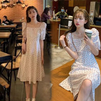 เดรสลายดอกคอเหลี่ยมติดกระดุมช่วงบน Women Dresses เสื้อผ้าแฟชั่นผู้หญิง