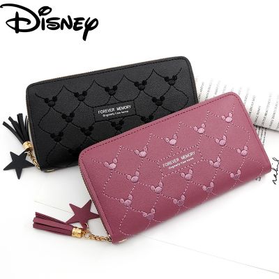 Disney Mickey Mouse Head Embroidery Wallet Multi-card ID Card Holders Women Tassel Pendant Clutch Bag Leisure Leather Purse