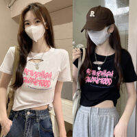 เสื้อยืดพิมพ์ลายตัวอักษรสั้นสไตล์สาวฮอตสไตล์ตะวันตก