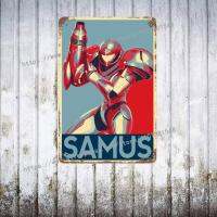 โปสเตอร์ตกแต่งโลหะเมโทรแบบ Samus Aran วินเทจป้ายดีบุกป้ายโลหะสำหรับผับบาร์มนุษย์ถ้ำคลับแผ่นโลหะประดับตกแต่งตกแต่งผนัง