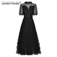 ☞℗ n4rn MARYYIMEI-Vestido de lantejoulas feminino colarinho em pé ver através manga curta elegante vestido festa babados lantejoulas moda verão