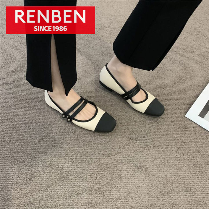 renben-รองเท้าส้นเตี้ยรองเท้าหนังผู้หญิงฝรั่งเศสแมรี่เจนสไตล์เกาหลี