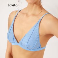 Lovito Cute Plain Textured High Waist Removable Pads Bikini Sets L23AD155 (Blue)