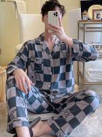 Spot Pajamas MenS 2023 New Spring And Autumn Cotton Silk Set Long -Sleeved Summer Thin Large Size Grid Home