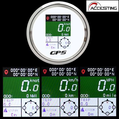 เครื่องวัดความเร็วเครื่องวัดความเร็ว GPS แบบดิจิตอลหน้าจอ TFT ขนาด9-32V 52มม. กันน้ำการปรับมาตรวัดระยะทาง Mph Knot Km/h พร้อมฉากอะลูมิเนียมสำหรับรถยนต์น้ำมอเตอร์เรือยอชท์