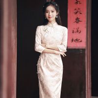 ใหม่ ชุดเดรสกี่เพ้า แขน 3/4 สีกากี หรูหรา สไตล์วินเทจ สําหรับผู้หญิง Qipao S ถึง XXL V723✈