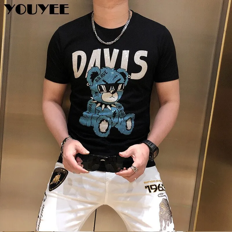 Fashion Style Short-sleeve Male Top Clothes Men's T-shirt Quality  Mercerized Cotton V-shaped Pattern Rhinestone 2023 New Street