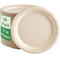 50 Pack 9inch Heavy-Duty Disposable Paper Plates 100 Compostable Bagasse Natural Biodegradable Eco-Friendly Sugarcane Plates