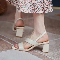 รองเท้าส้นสูงสตรีฤดูร้อนใหม่หนังส้นหนารองเท้าแตะสแควร์นิ้วเท้ารองเท้าผู้หญิงรองเท้าสไตล์โรมัน