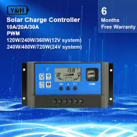 Y&amp;H 10A/20A/30APWM ตัวควบคุมการชาร์จพลังงานแสงอาทิตย์ 12V/24V ตัวควบคุมแบตเตอรี่ ตัวควบคุมแผงโซลาร์เซลล์ จอ LCD พร้อมพอร์ต USB คู่