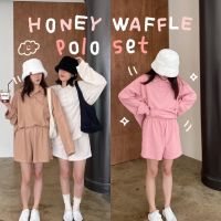 chuuchop_พร้อมส่ง(C7740) ?? HONEY WAFFLE polo set ชุดเซ็ต เสื้อโปโลแขนยาวและกางเกงขาสั้น มี3สี