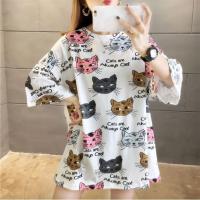 COD DSFERTRETRE 【40-150kg】Womens Plus Size Cute Cat Printed Tee Oversized Big Size T-shirt Round Neck Short Sleeves Loose Fit Cartoon Kitty Printed Tops Casual Patterned Large Size Blouses
