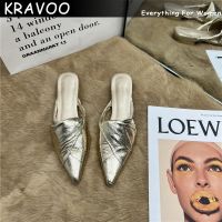 KRAVOO 2023ฤดูใบไม้ผลิ Slip On Perempuan รองเท้าแตะผู้หญิงแฟชั่นผู้หญิงปลายแหลมรองเท้าแตะชายหาดที่สง่างามแบบลำลองส้นเตี้ยสไลด์