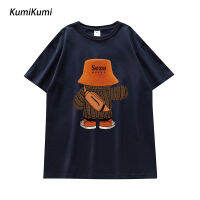 KUMI คอกลมทรงหลวมพิมพ์ลายหมีการ์ตูนเสื้อยืดผ้าฝ้ายแฟชั่นย้อนยุค