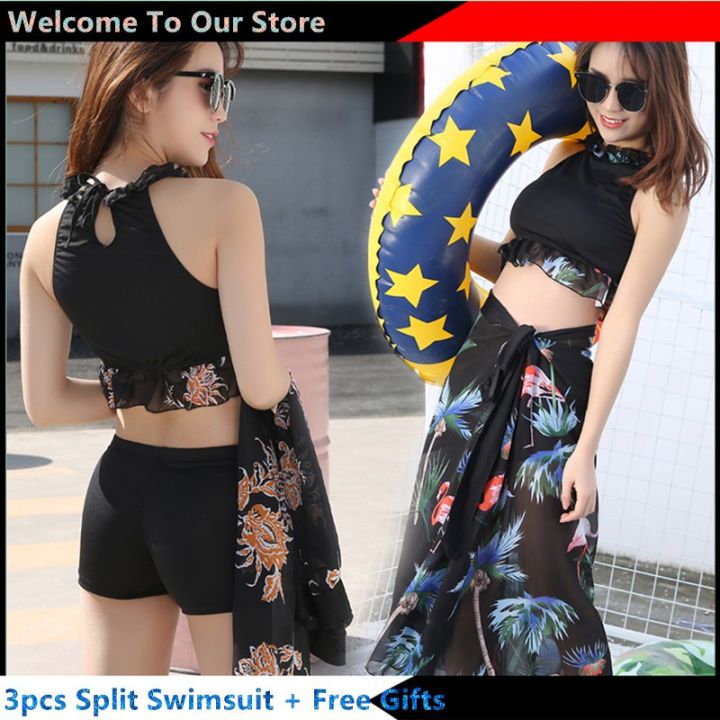 Summer Women Three-piece Split Swimsuit Fashion Female Print Small Chest  Gathered Bikini Boxer Outfits Bathing Suit Korean Sunscreen Beach Swimwear