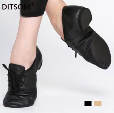 รองเท้าบัลเลต์สไตล์แจ๊สแบบผูกเชือกทำจากหนังแท้ SNEAKER Anak Laki-Laki สำหรับเต้นแบบนิ่มสีดำน้ำตาลรองเท้าเต้นรำกีฬา