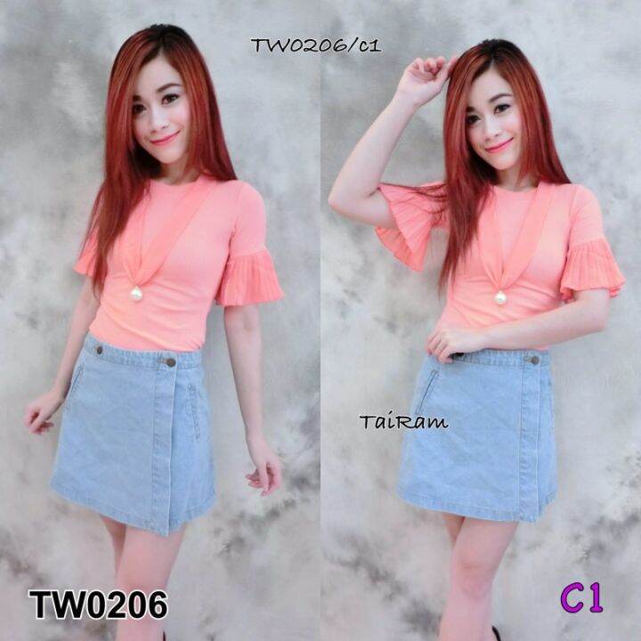 Garden Clothes เสื้อ เสื้อแขนสามส่วนงานเข้ารูปแต่ระบายแขน +สร้อยมุก สี