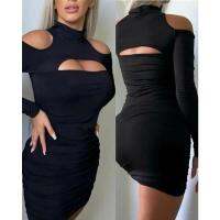 【CW】 Cold Shoulder Ruched Cutout Bodycon Sleeve Collar Waist Corset Cocktail