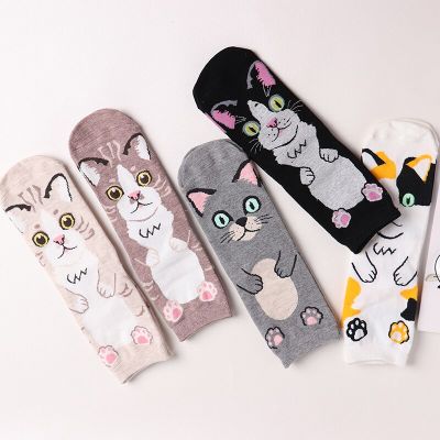 ‘；’ Kawaii Women Crew Socks Funny Cute Cartoon Cat Animal Harajuku Spring Autumn Four Seasons Female Casual Breathable Mid Tube Sock