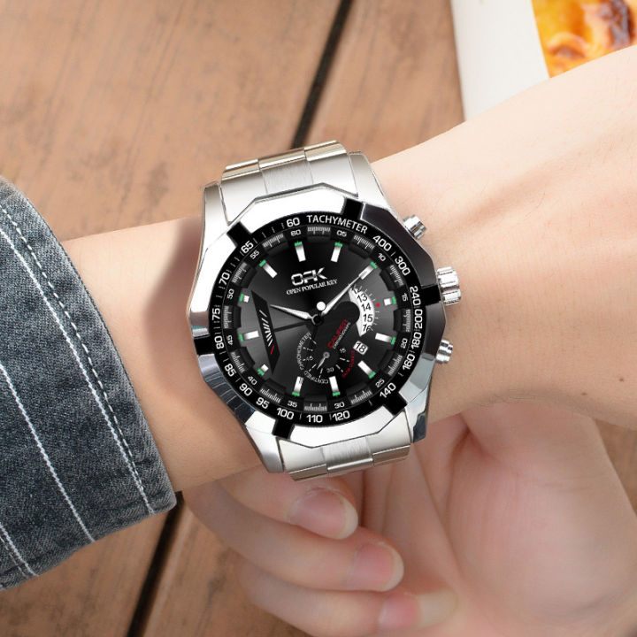 opkนาฬิกาสปอร์ตมัลติฟังก์ชันสำหรับผู้ชาย-นาฬิกาดิจิตอลสแตนเลสแฟชั่นกันน้ำแบบดั้งเดิมนาฬิกานักเรียนดูเท่ๆมีปฏิทินหน้าจอเรืองแสง
